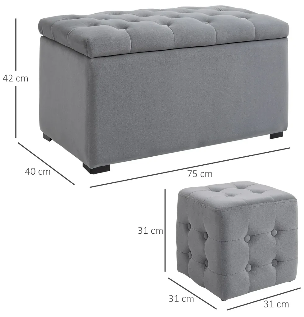 Cufăr Multifuncțional pentru Depozitare HOMCOM, Pouf din catifea, Gri perlă | Aosom Romania
