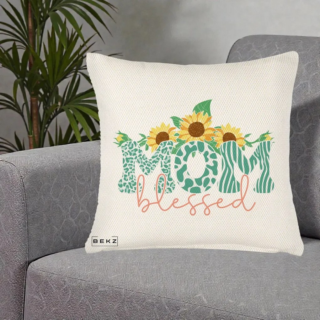 Cadou pentru Mama - Perna Personalizata Mom Blessed cu Floarea Soarelui Animal Print Teal, 40x40 cm, Crem Reliefat, Husa Detasabila, Perna Inclusa, BEKZ®