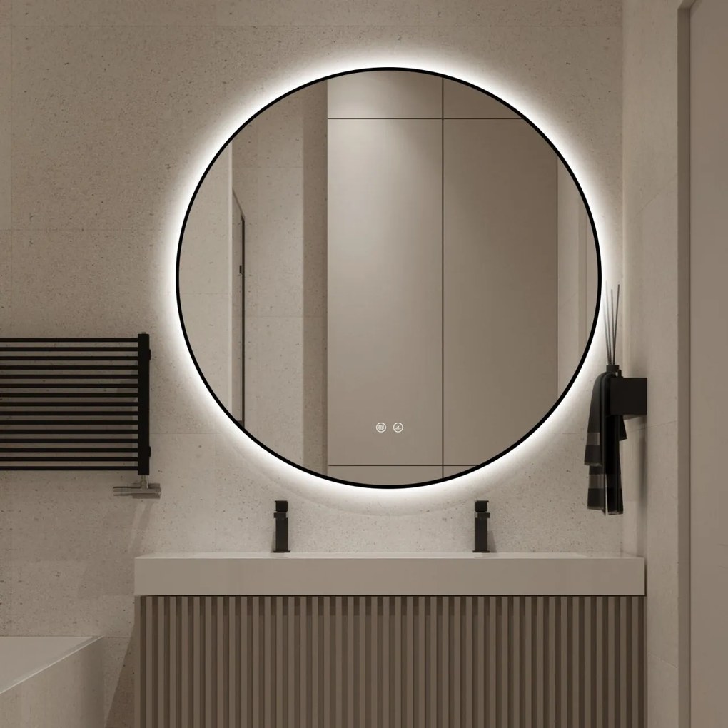 🪞 Oglindă LED cu Touch, Funcție Dezaburire și 3 Tipuri de Lumină – Ramă Negru Mat, 90 cm, Model J188-90 Smack