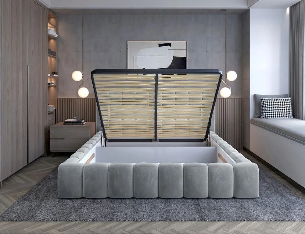 Pat matrimonial gri deschis tapițat cu spațiu de depozitare cu somieră 160x200 cm Lamica – ELTAP