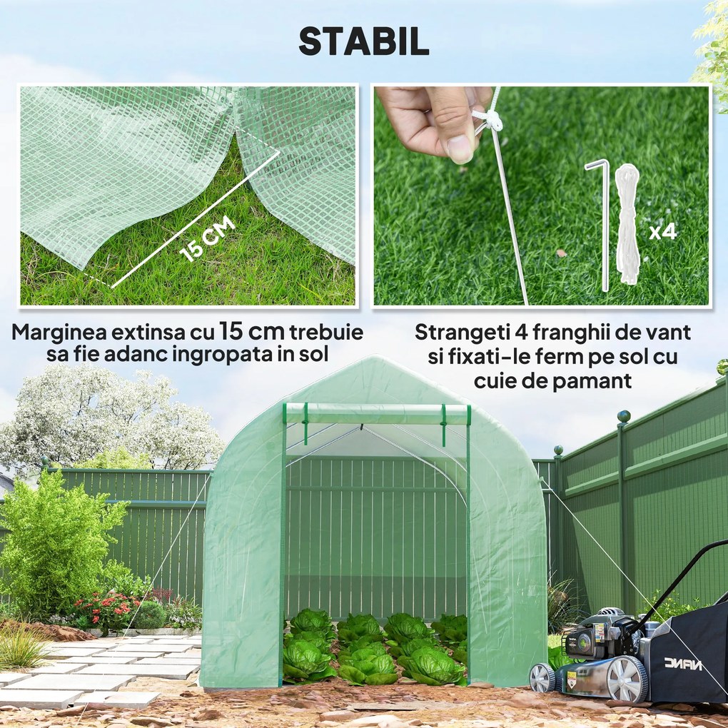 Seră Outsunny de Grădină de Tip Tunel 4x2x2 m cu Uși Rulabile și 6 Ferestre, Seră pentru Grădină cu Acoperiș înclinat, Structură din Metal și Acoperiș PE, pentru Grădinărit legume flori fructe, Verde | Aosom Romania