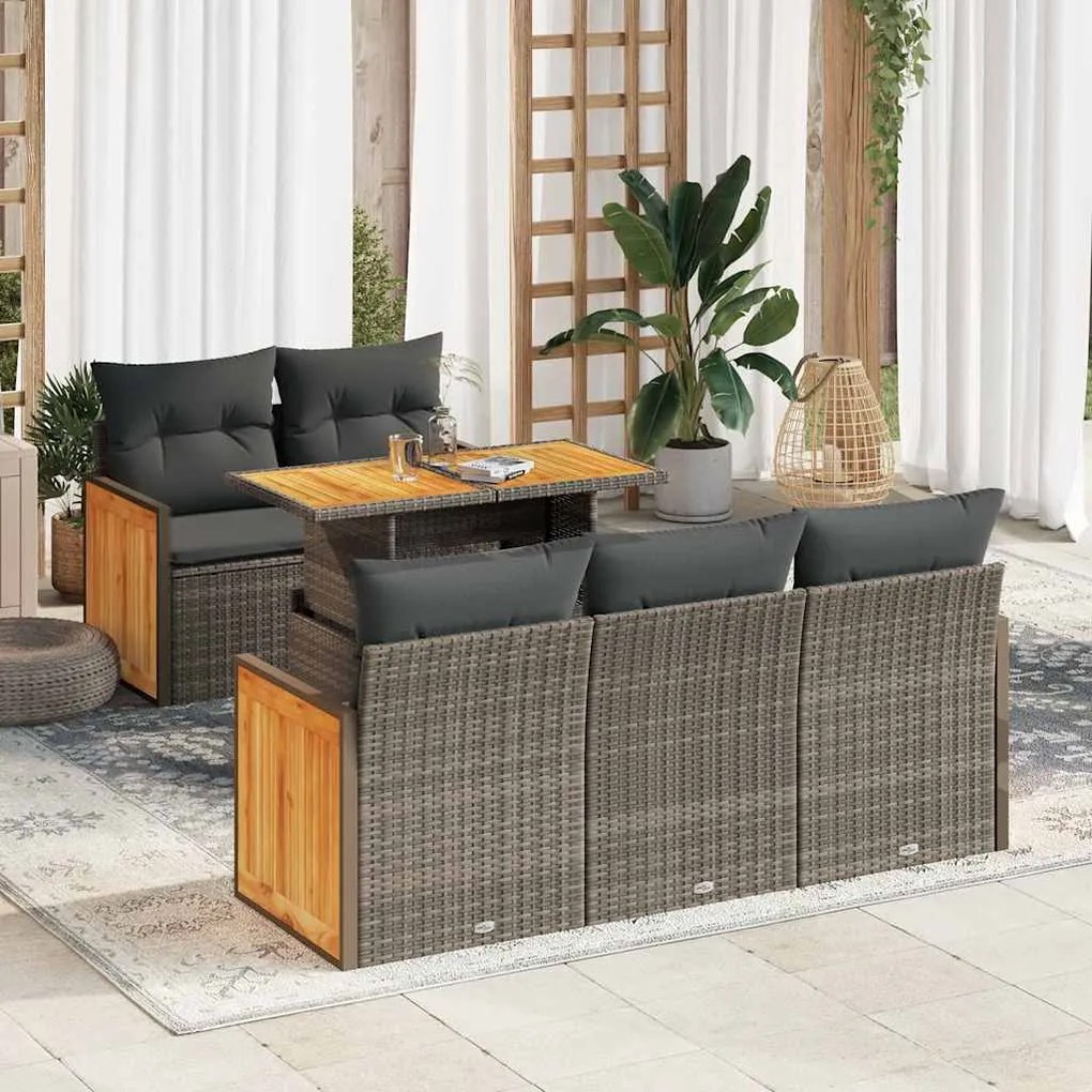 3327665 vidaXL Set mobilier grădină cu perne 6 piese gri poliratan/lemn acacia