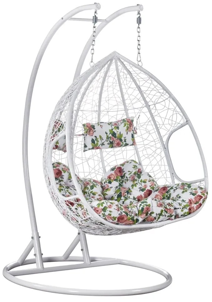 Fotoliu leagan dublu, suspendat, cu perne moi, rezistente la UV, împletitură tip răchită, structură metalică, pentru interior și exterior, Alb/Floral