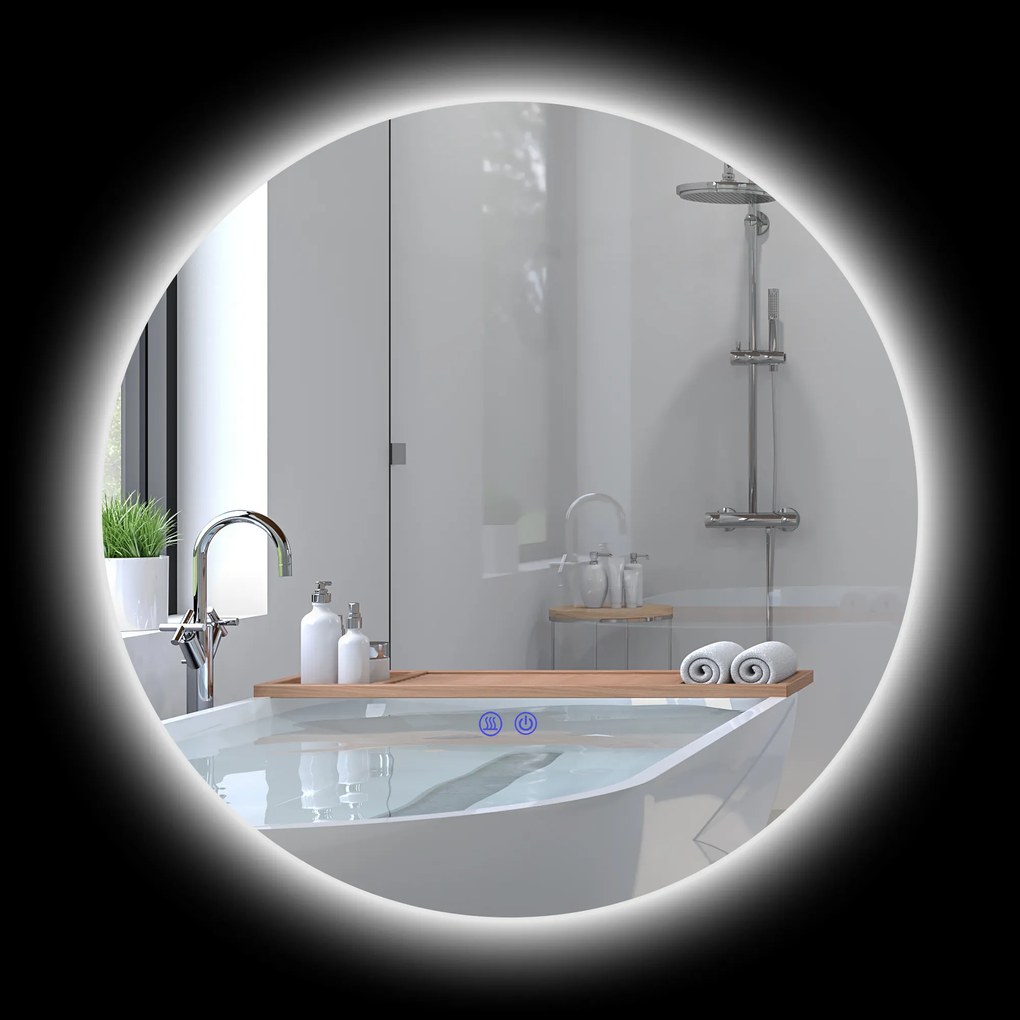kleankin Oglindă rotundă luminoasă cu LED pentru baie Ø 60 cm pe perete cu iluminare comutator tactil sistem antiaburire 29 W argintiu | Aosom Romania