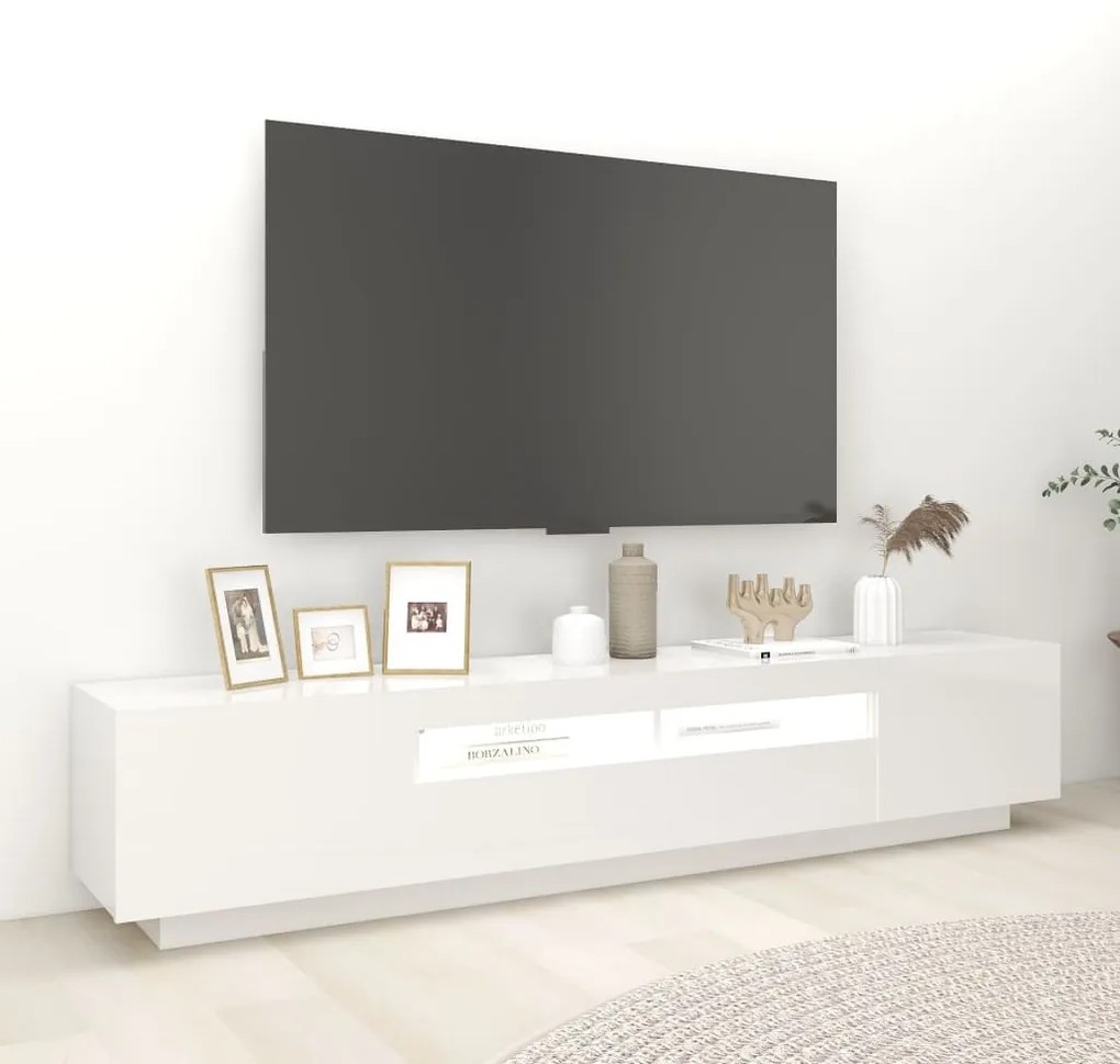 Comoda TV cu lumini LED, alb extralucios, 200x35x40 cm 1, Alb foarte lucios