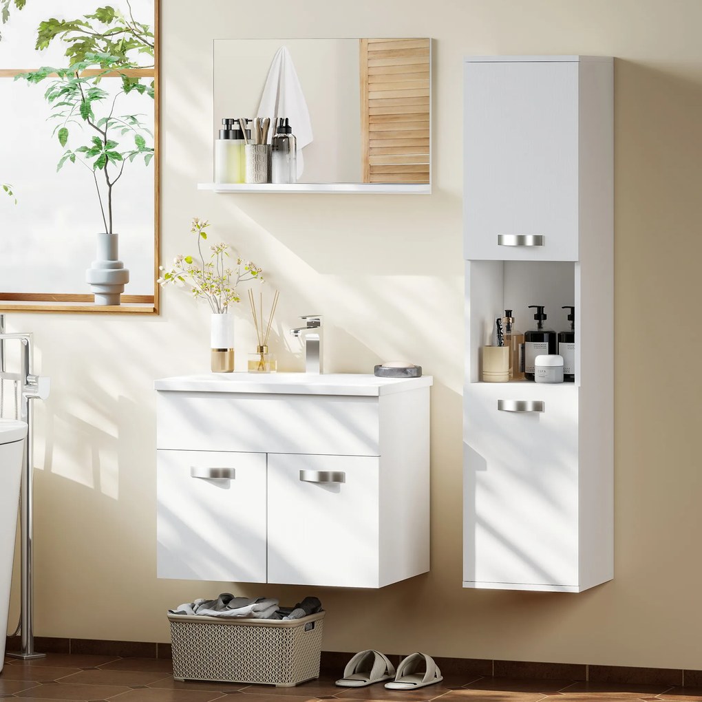 kleankin Set Mobilier Baie 4 Piese cu Lavoar din Ceramică, Dulap de Baie, Coloană de Baie și Oglindă, Alb | Aosom Romania