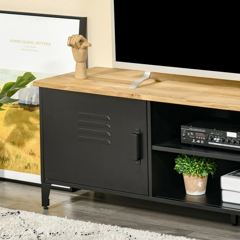 HOMCOM Mobilier TV Banc TV pentru televizoare de 55'' cu 2 Dulapuri Picioare Reglabile Cadru metalic negru Tablou din lemn natural 150 x 40 x 50 cm | Aosom Romania