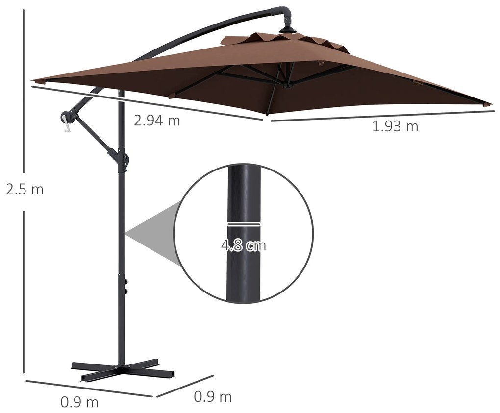 Outsunny Umbrelă Suspendată cu Orificii de Ventilaţie, Bază în Cruce şi Manivelă, 3x2 m, Maro | Aosom Romania
