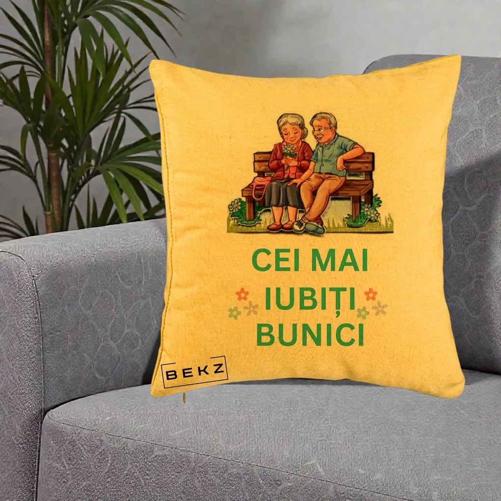 Cadou pentru Bunici - Perna Personalizata Cei Mai Iubiti Bunici Cuplu pe Banca Ilustratie, 40x40 cm, Galben, Husa Detasabila, Perna Inclusa, BEKZ®