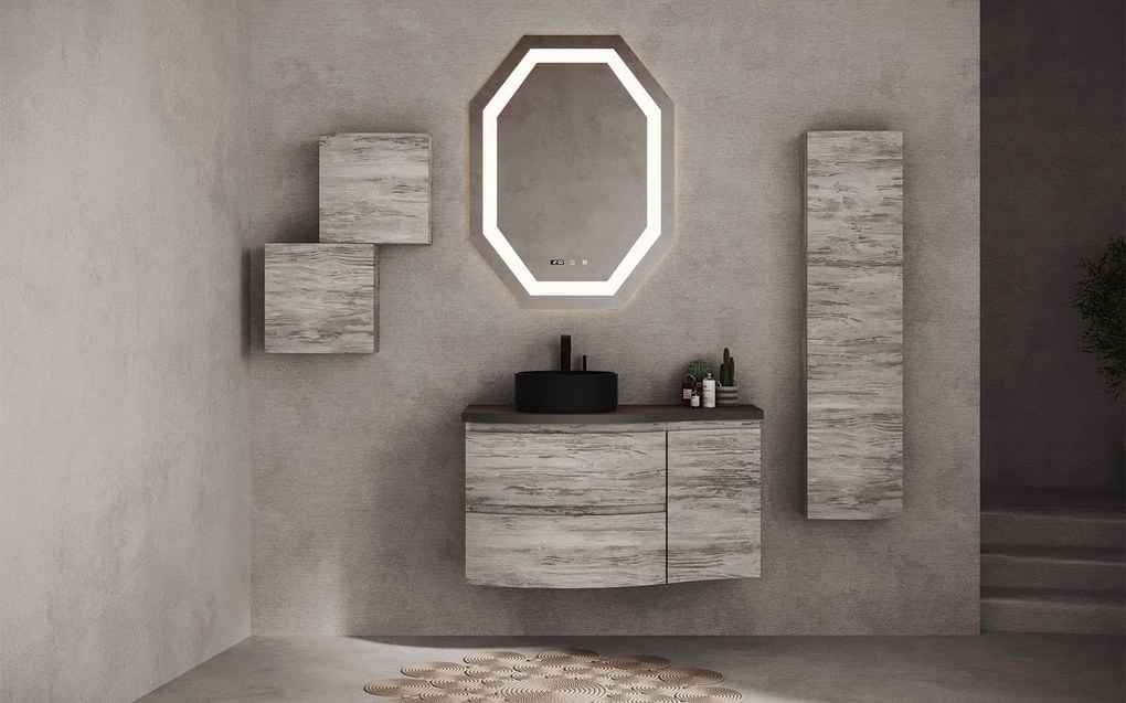 Oglindă lemn masiv LED cu termometru ceas și dezaburire 75x100cm