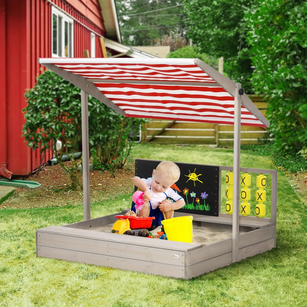 Outsunny Caz de nisip pătrat din lemn pentru copii cu bănci acoperiș reglabil, tablou și jocuri 114 x 113 x 110 cm gri | Aosom Romania