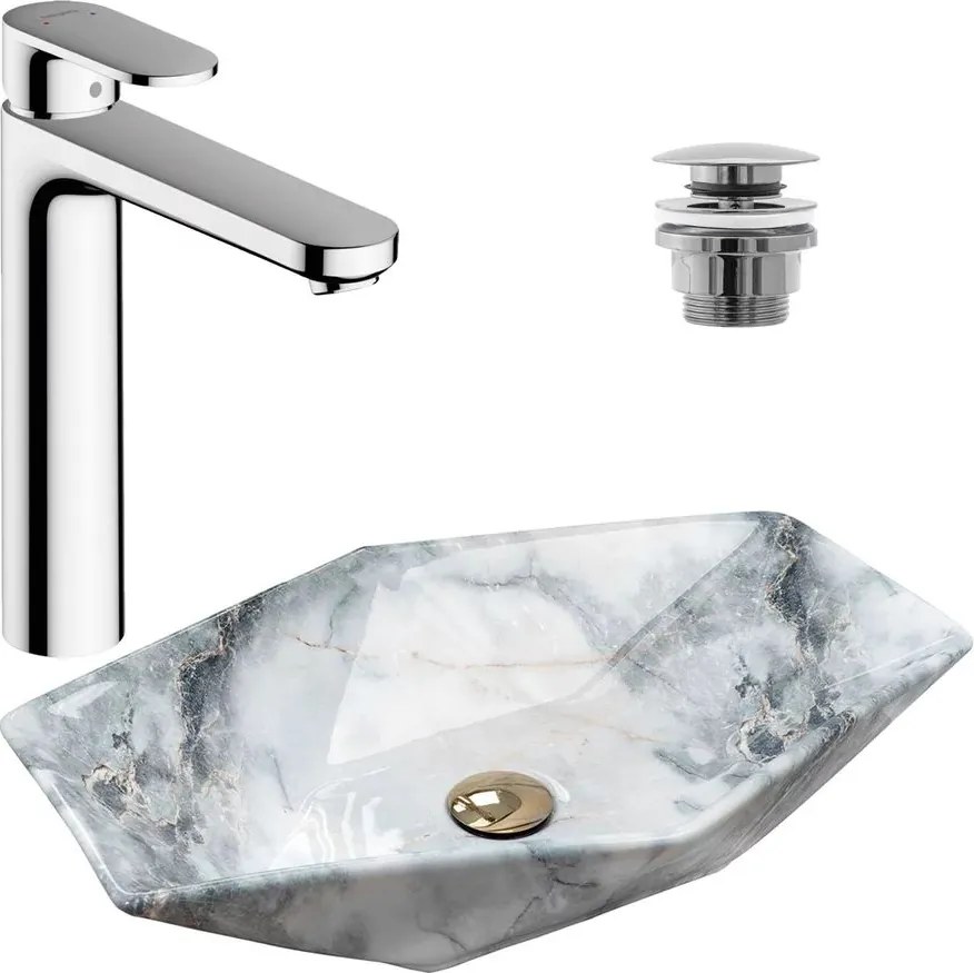Pachet lavoar pe blat Rea Vegas granit 57 cm, baterie lavoar Hansgrohe Vernis Blend 190 crom si ventil lavoar Click-Clack crom