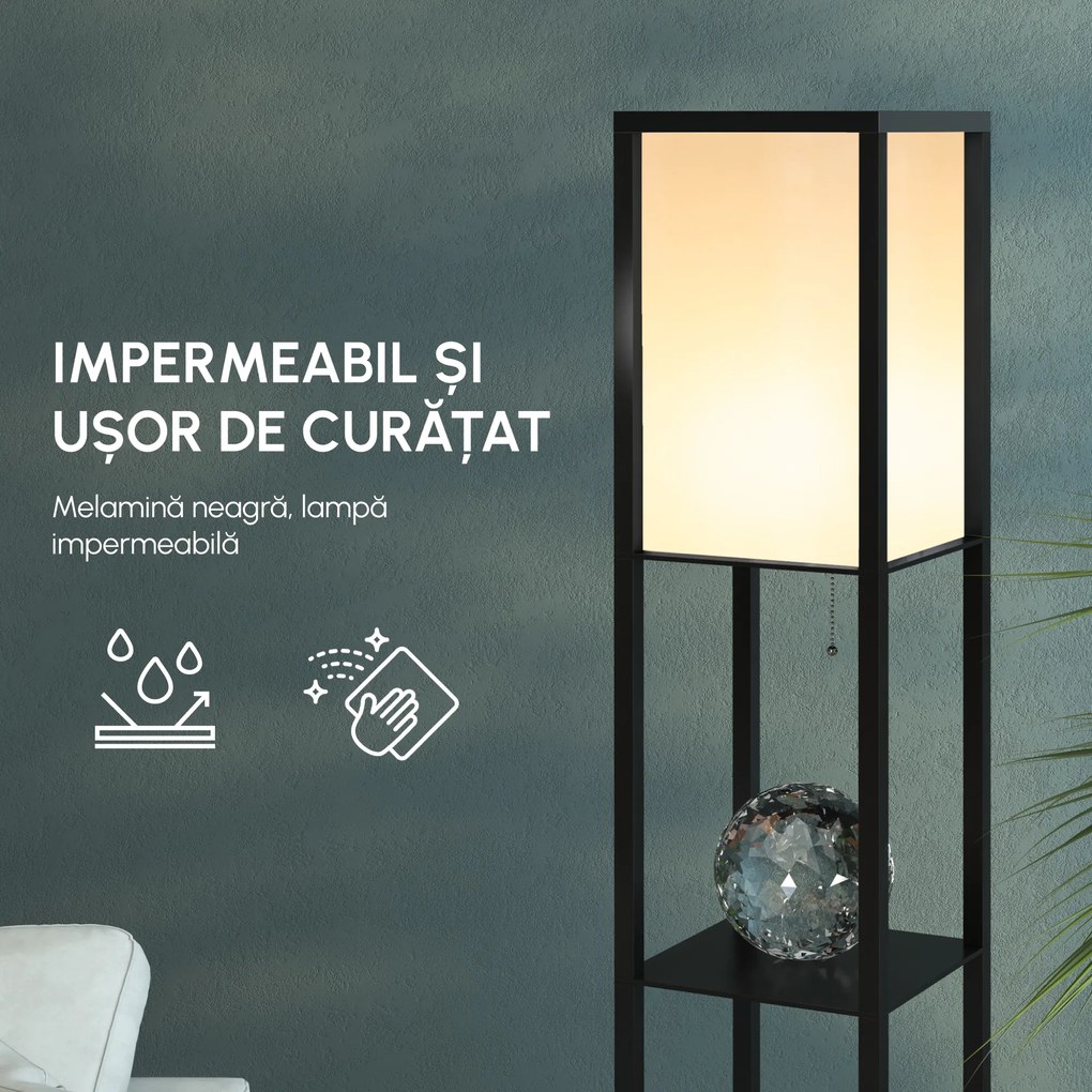 HOMCOM Lampă de podea cu rafturi pentru cărți, Design Modern, 3 Nivele, Cablu Metalic, 26x26x160cm, Negru-Alb | Aosom Romania