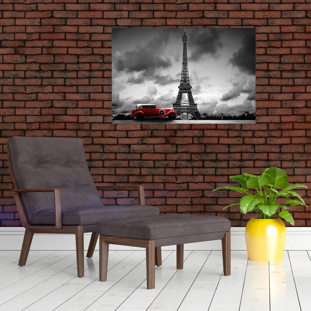 Tablou - Turnul Eiffel și mașina roșie (90x60 cm)