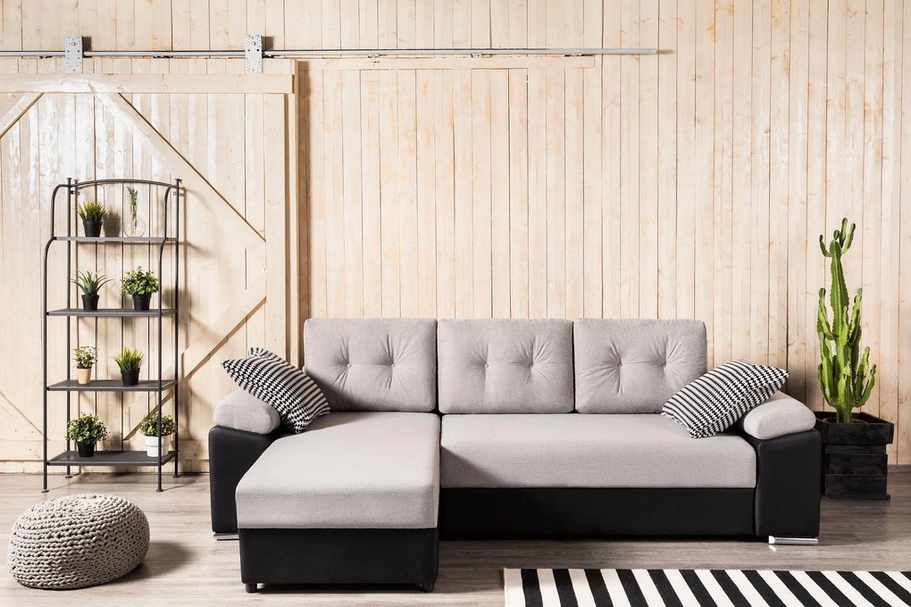 Coltar Extensibil MILANO, sezlong interschimbabil, cu lada de depozitare, 265x160x85 cm, Bej/Negru