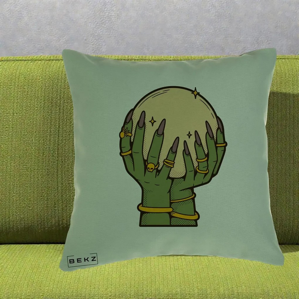 Perna Decorativa Halloween Maini Vrajitoare cu Glob de Cristal, 40x40 cm, Verde, Husa Detasabila, Perna Inclusa, BEKZ®