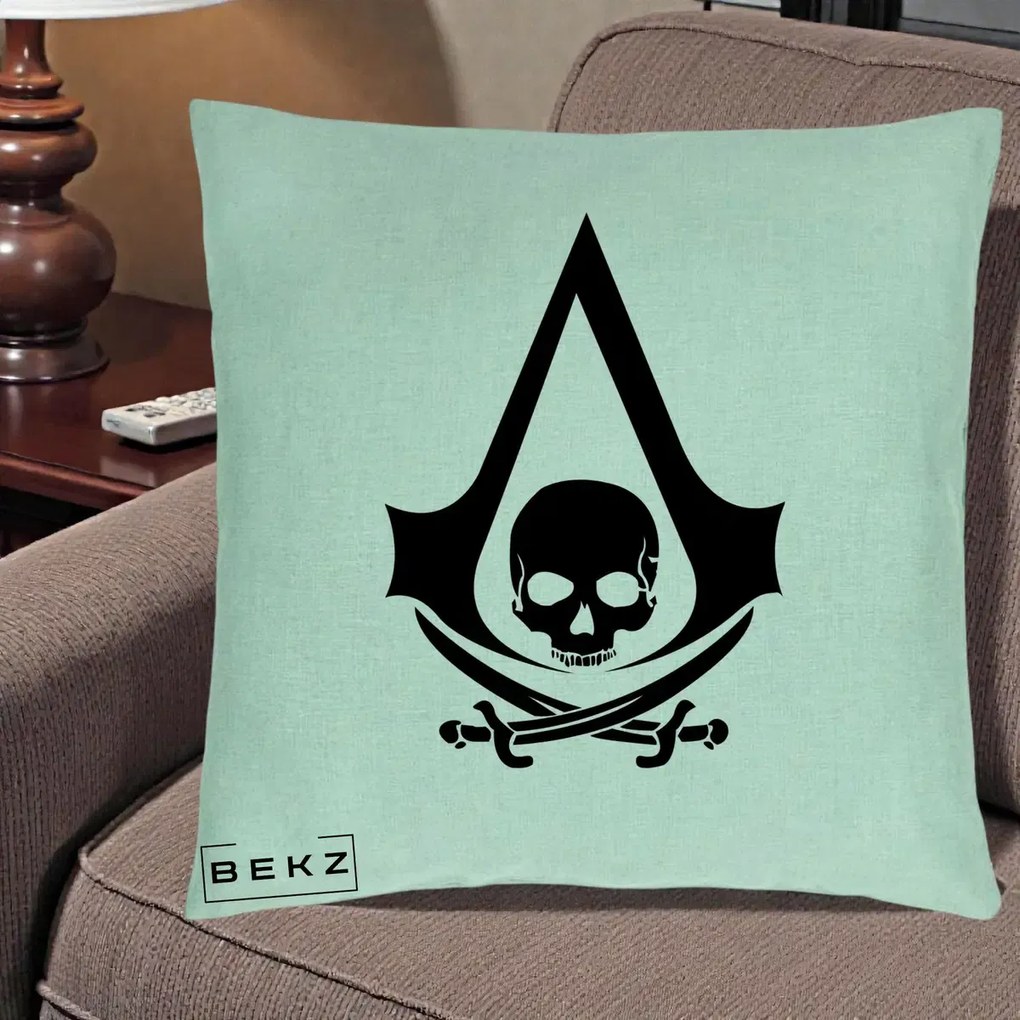 Perna Personalizata Assassin's Creed Black Flag Skull, 40x40 cm, Verde Menta, Husa Detasabila, Perna Inclusa, BEKZ®