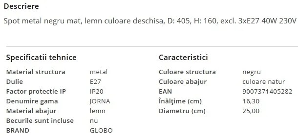 Plafoniera lemn cu 3 spoturi orientabile JORNA