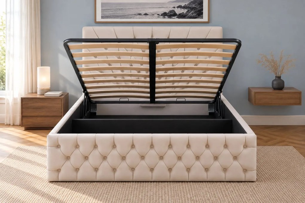 Pat tapițat Chesterfield din catifea Venezia 180×200 cm, crem, cu ladă de depozitare