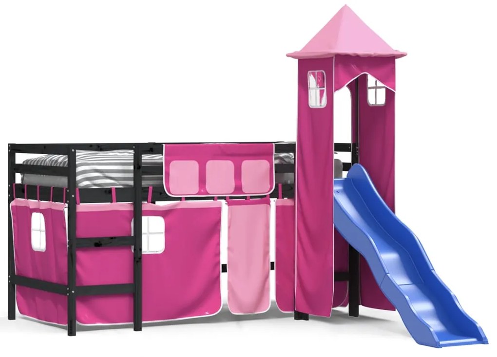 3207080 vidaXL Pat etajat de copii cu turn, roz, 90x200 cm, lemn masiv pin