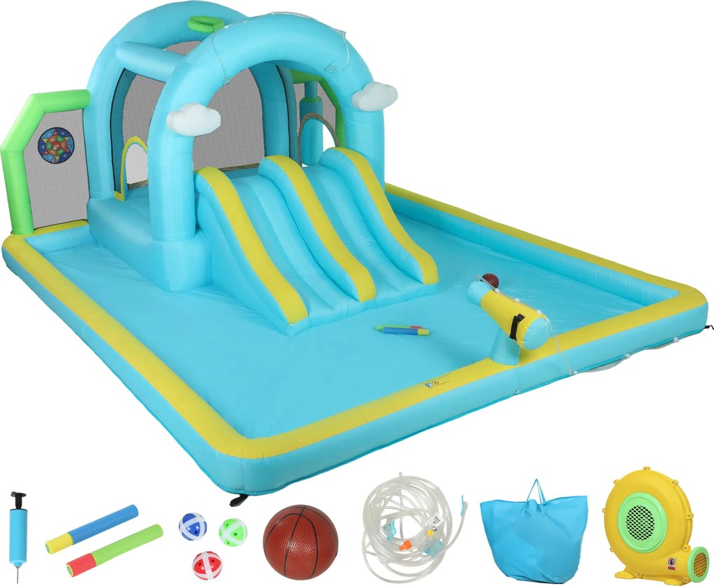 AIYAPLAY Castel Gonflabil Acvatic 7 în 1 cu Suflantă 2 Tobogane Trambulină Piscină Coș Coloană de Box 426x360x198 cm | Aosom Romania