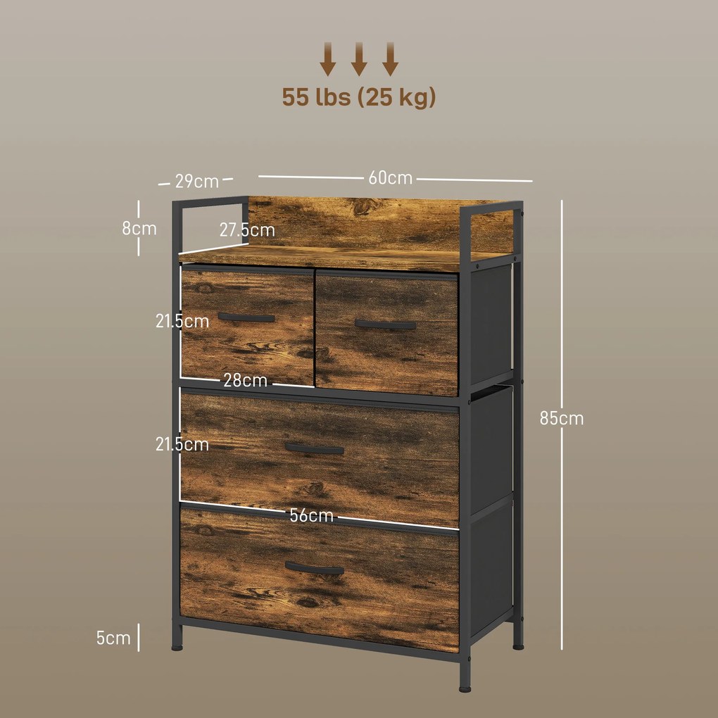 HOMCOM Comodă cu 4 Sertare Detaşabile, Pliabile şi Raft de Depozitare, 60x29x85 cm, Maro şi Negru | Aosom Romania