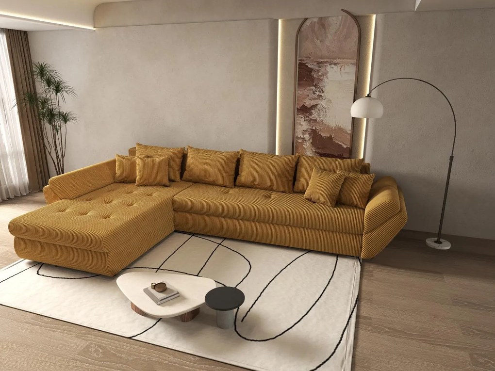 Colțar extensibil dumonde cu ladă de depozitare si sezut confortabil din spuma high-density, Loana XL Zoom Mustar 335x185 cm