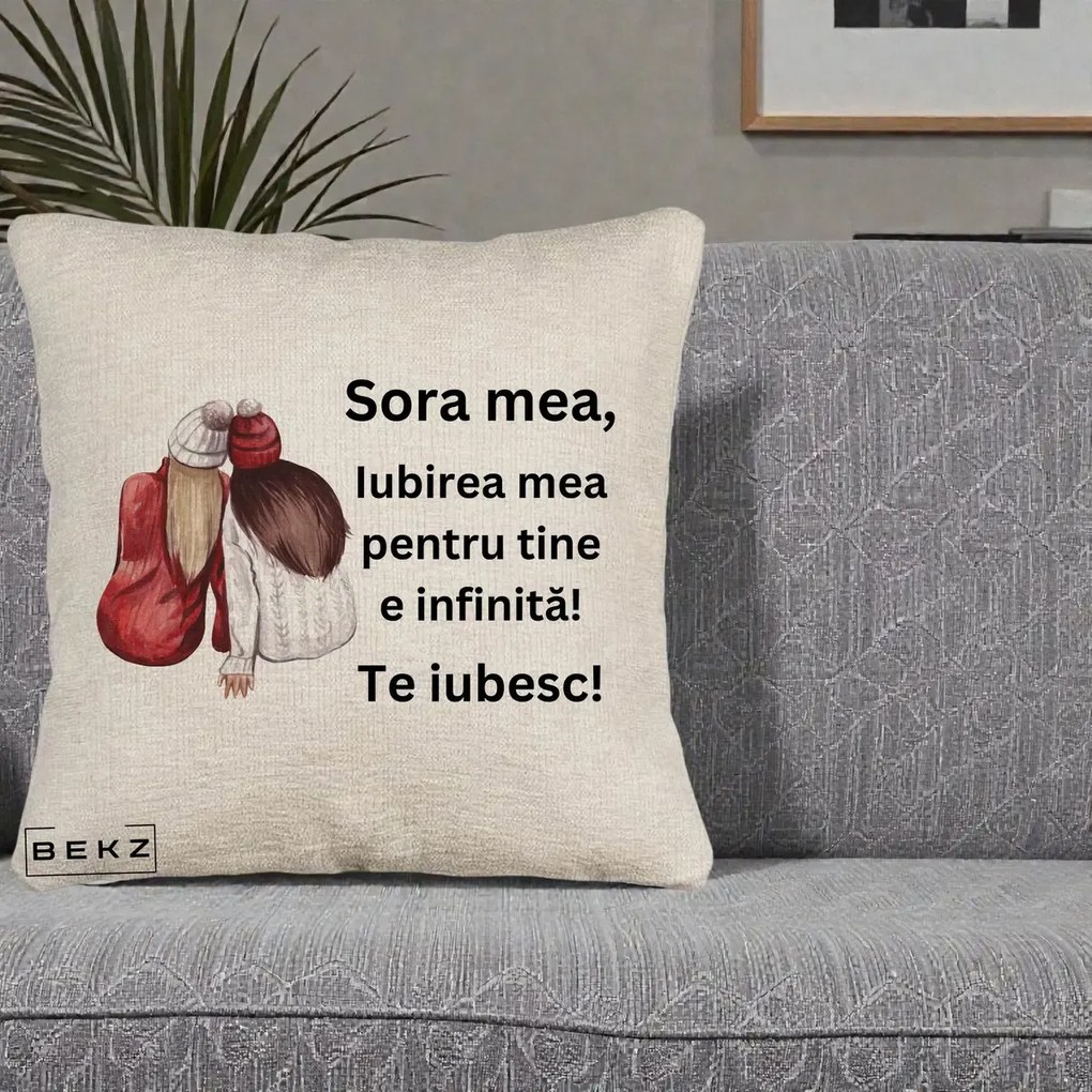 Cadou pentru Sora - Perna Personalizata Sora Mea Te Iubesc Doua Fete Iarna Acuarela, 40x40 cm, Bej Canapea, Husa Detasabila, Perna Inclusa, BEKZ®