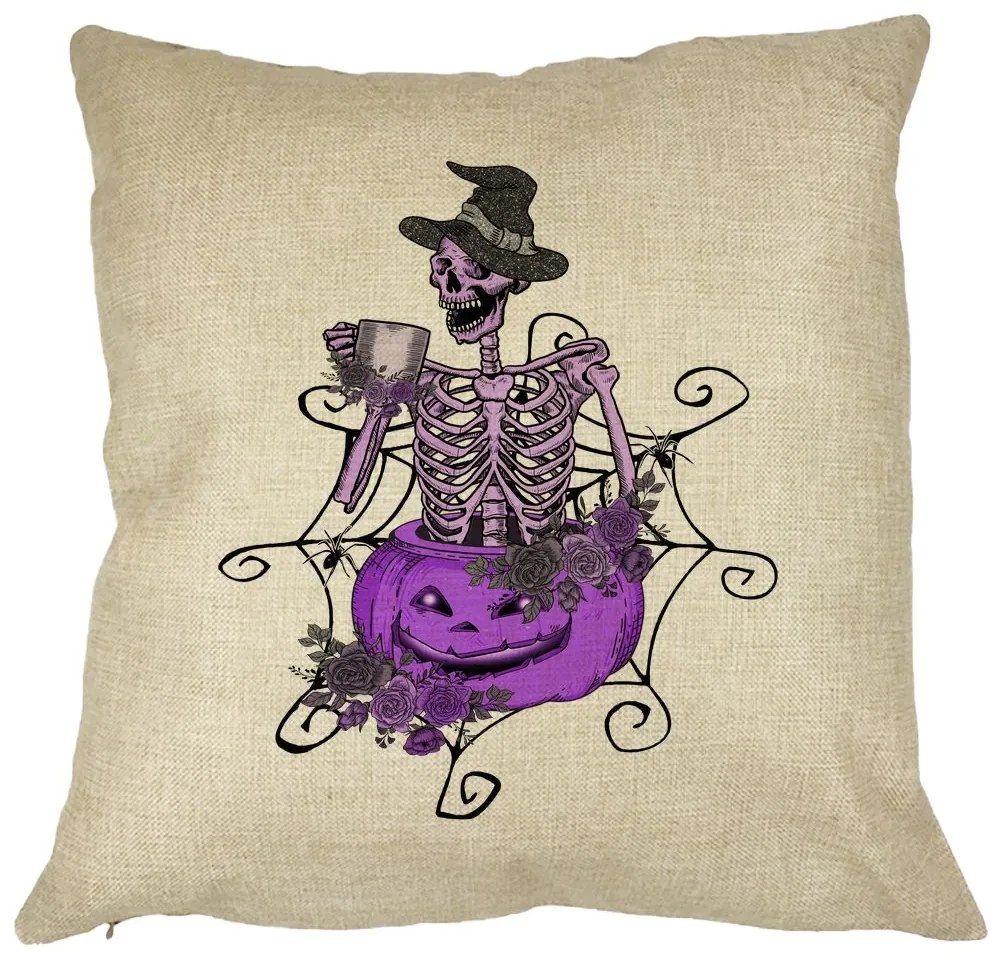 Perna Decorativa cu motiv Sechelet de Halloween 4, 40x40 cm, Husa Detasabila, Burduf