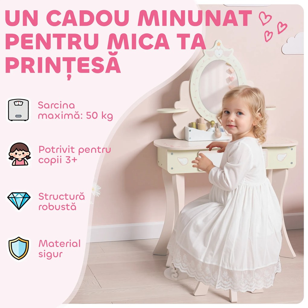 AIYAPLAY Set Masă de Toaletă pentru Copii cu Oglindă și Scaunel, 7 Accesorii de Joc, Sertar, Depozitare pe Birou, Roz | Aosom Romania