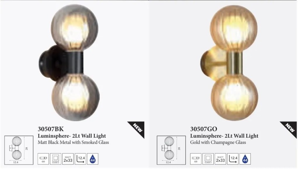 Aplica baie Protectie IP44 metal alama, sticla champagne Luminsphere 2Lt