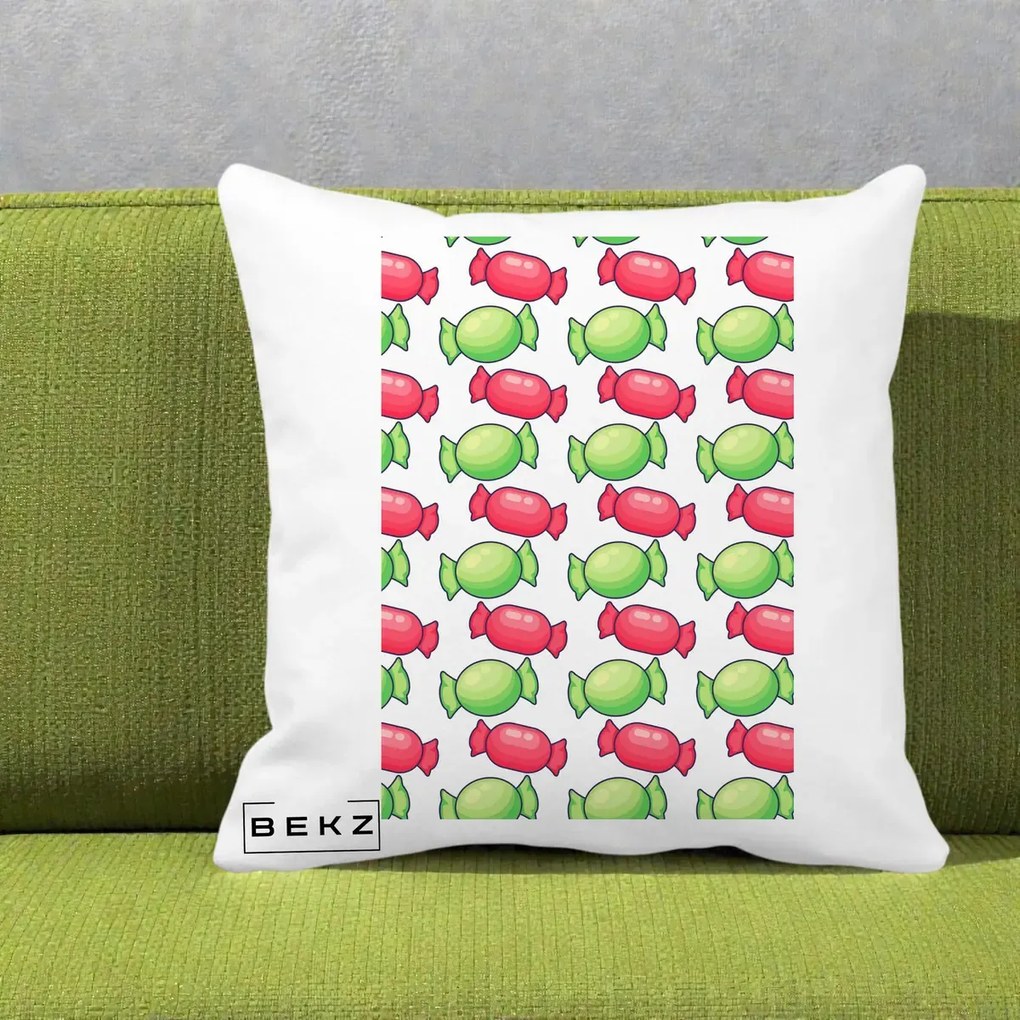 Perna Decorativa Bomboane Craciun Pattern, 40x40 cm, Alba Mata, Husa Detasabila, Perna Inclusa, BEKZ®