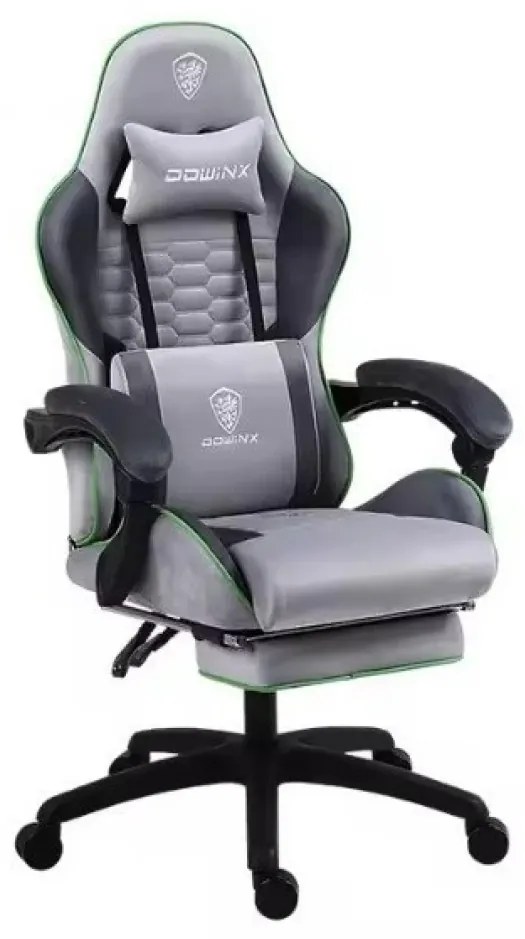 DOWINX Scaun gaming, ergonomic, suport lombar cu masaj, spătar reglabil, tetieră, suport pentru picioare, rezistent 150 kg, material textil, Gri