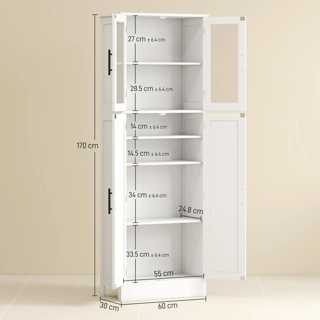 HOMCOM Dulap Baie 170 cm, Depozitare Independentă cu Uși din Sticlă și Rafturi Reglabile, Alb | Aosom Romania