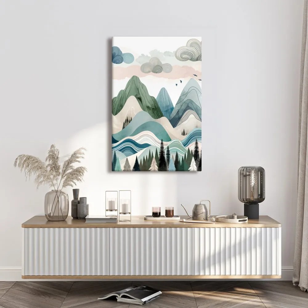 Tablou munți pastel și pădure întunecată