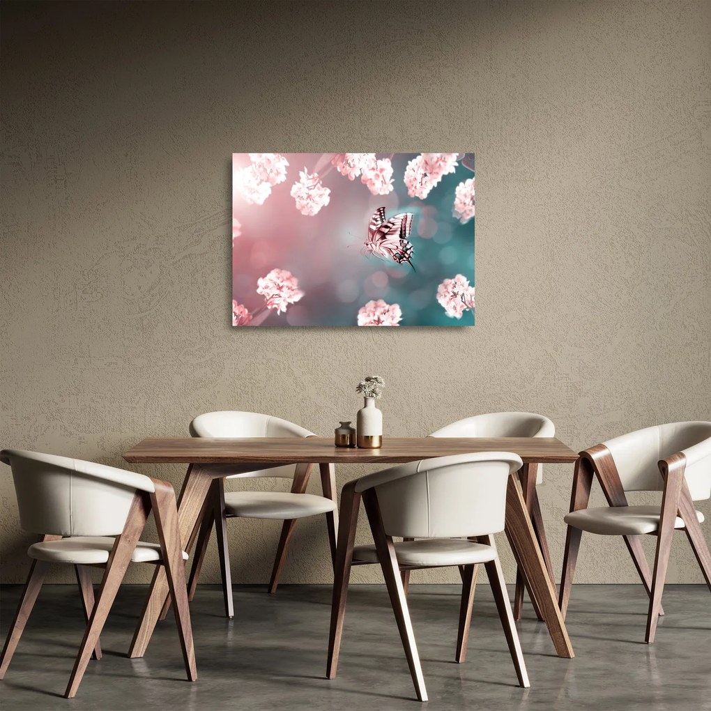 Tablou pe sticlă - Fluture între flori (70x50 cm)