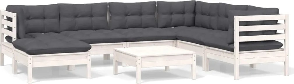 vidaXL Set mobilier de grădină cu perne, 8 piese, alb, lemn masiv pin