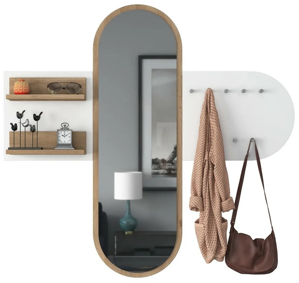 Cuier de perete cu oglindă Pomi White and Walnut