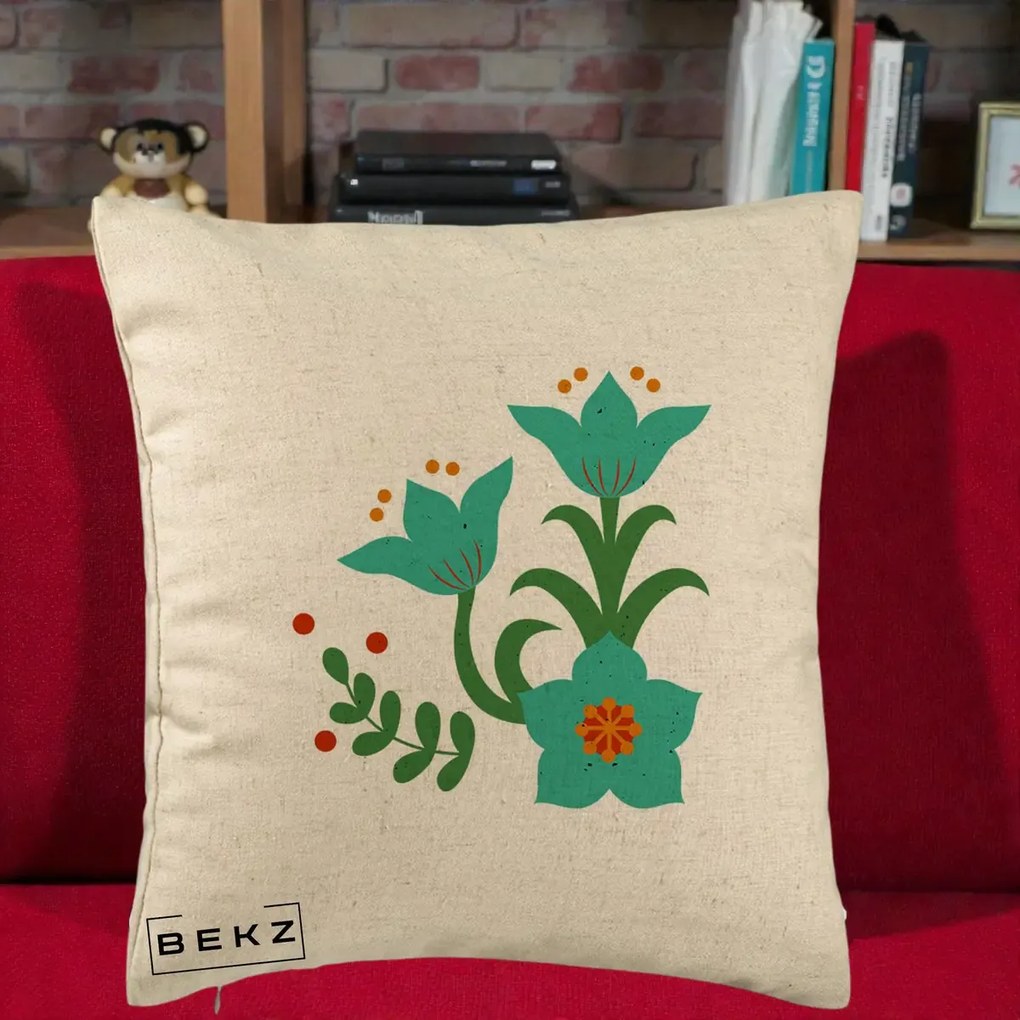 Perna Decorativa Flori Stilizate Folk Turcoaz, 40x40 cm, Bej, Husa Detasabila, Perna Inclusa, BEKZ®