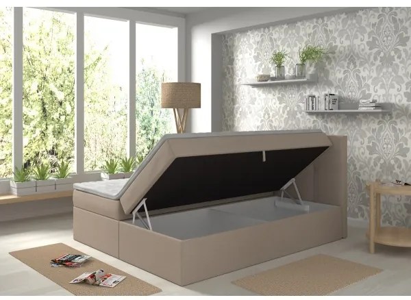 Pat tapițat EMBER 180x200 cm, bej, cu saltele, topper și spațiu de depozitare integrat