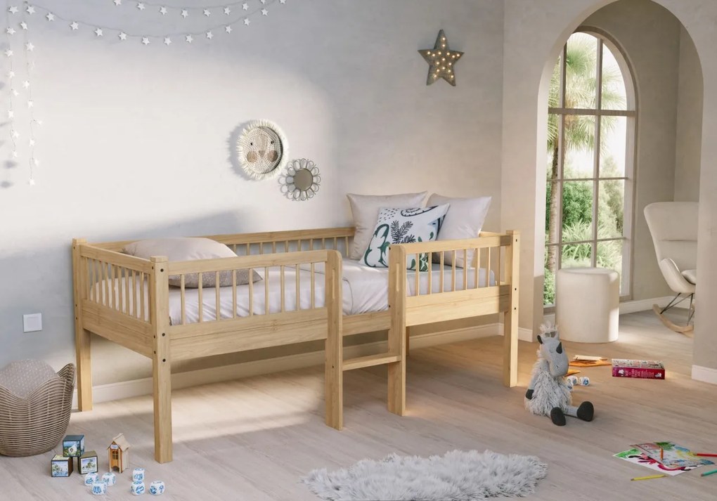 Pat Semi-Înălțat (Mid Sleeper) Forrest Oak 90x200 cm, pentru Camera Copii, din Lemn de Stejar, Natur, cu Scară și 2 Sertare – Vipack