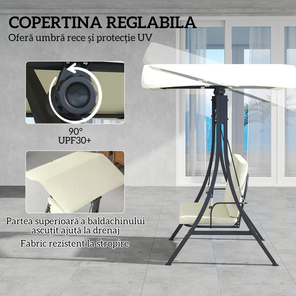 Outsunny Leagăn de Grădină 2 Locuri cu Acoperiș Reglabil 150x120x182cm Crem | Aosom Romania