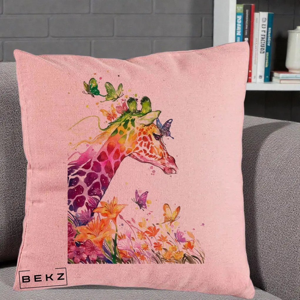 Perna Decorativa Girafa Curcubeu Acuarela, 40x40 cm, Roz, Husa Detasabila, Perna Inclusa, BEKZ®