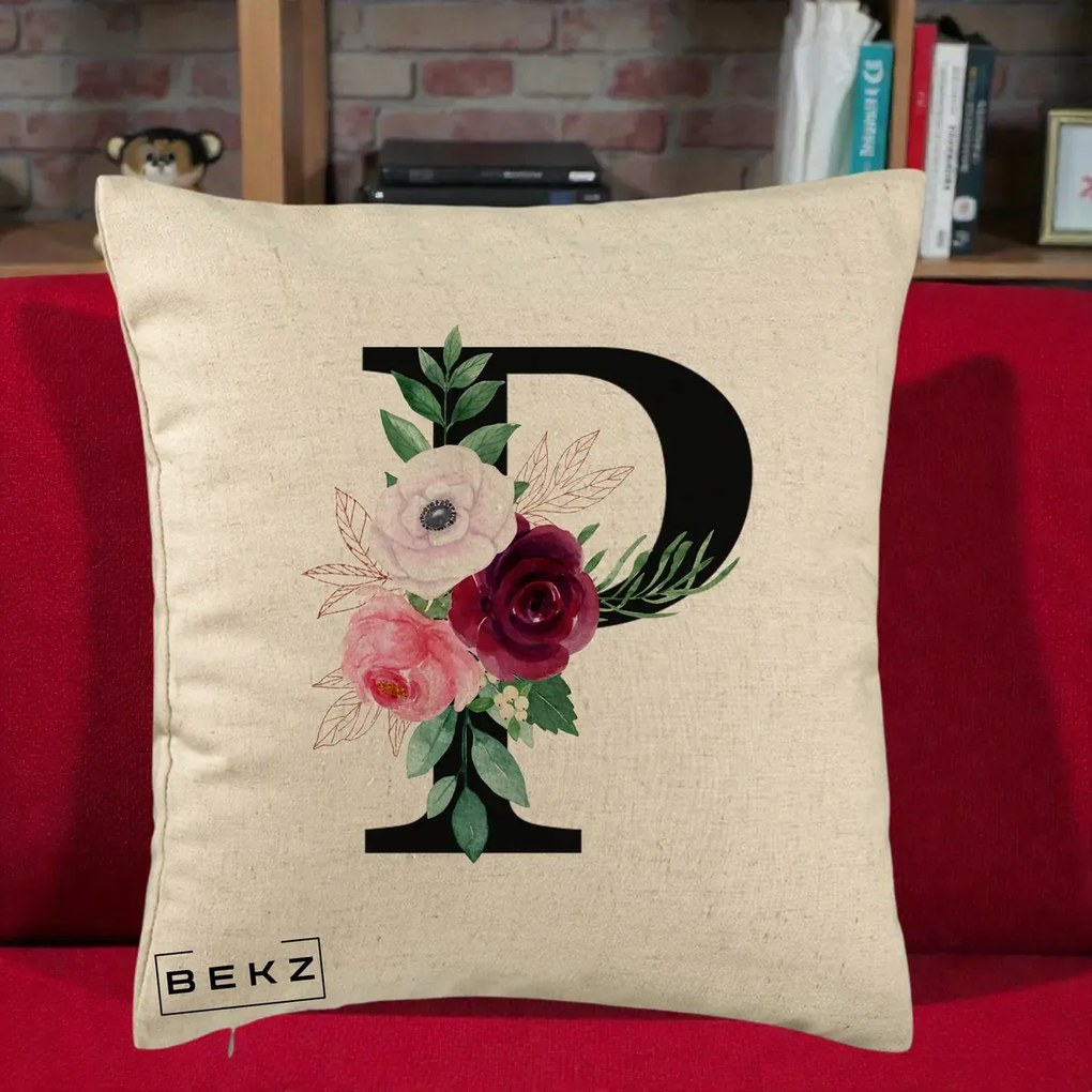 Cadou Personalizat - Perna Personalizata Monograma Florala Litera P, 40x40 cm, Bej, Husa Detasabila, Perna Inclusa, BEKZ®