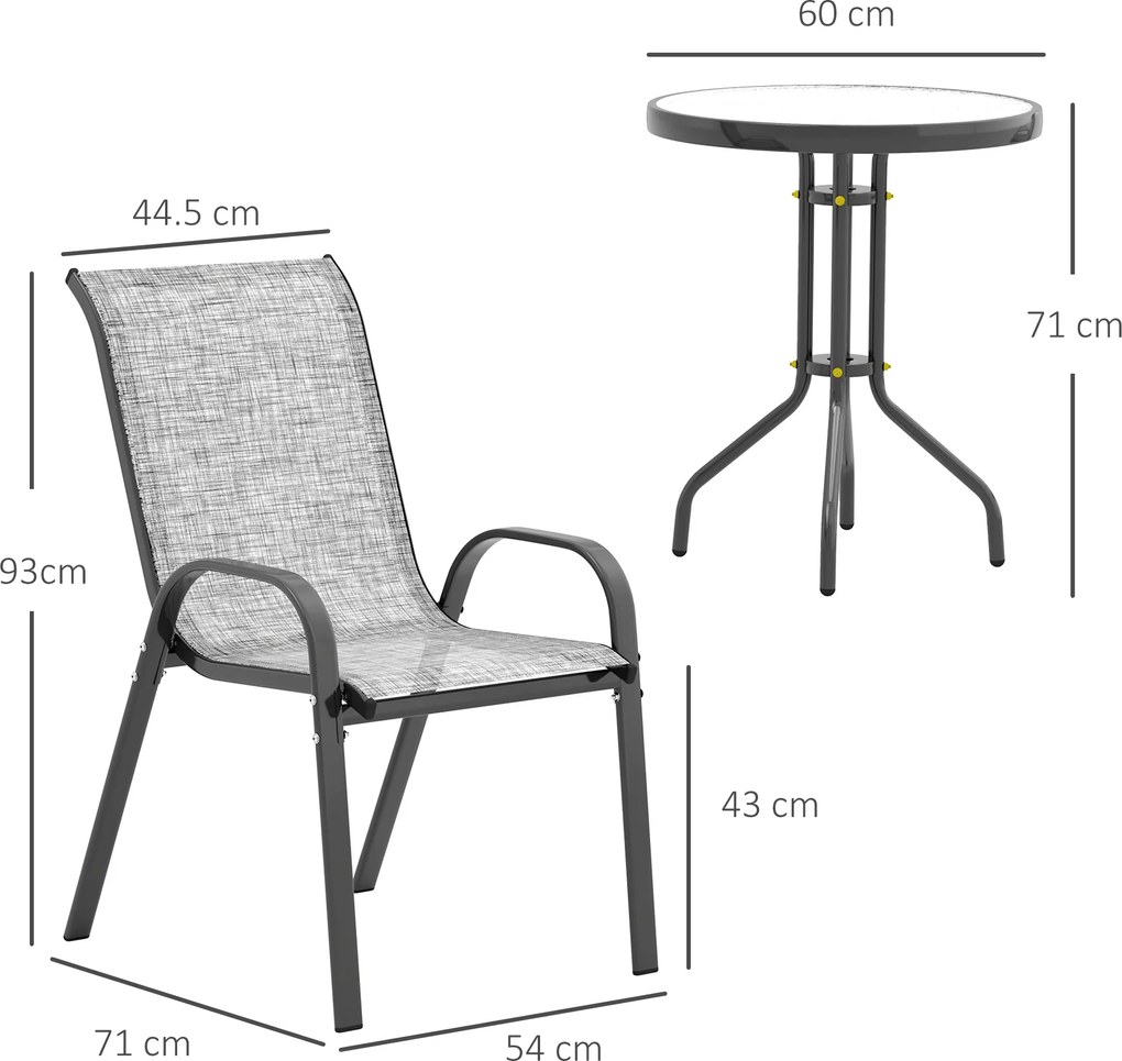 Outsunny Set Mobilier de Grădină din 3 Piese cu Scaune Suprapozabile și Masă din Sticlă, 54x71x93 cm, Gri Închis | Aosom Romania