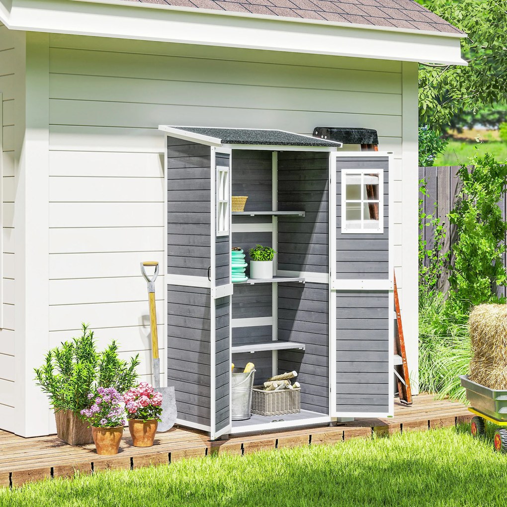 Outsunny Magazie pentru depozitare în grădină, magazie pentru unelte cu 2 ferestre, țăruși pentru ancorare, acoperiș din asfalt, 91 x 69 x 192 cm, lemn de brad, Gri deschis | Aosom Romania