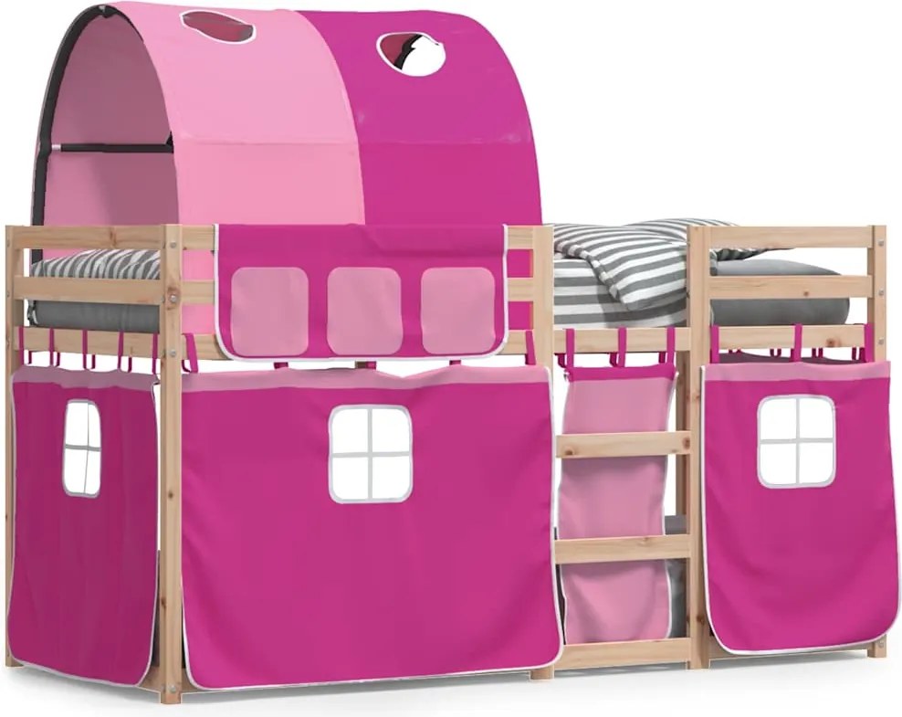 vidaXL Pat supraetajat cu perdele, roz, 75x190 cm, lemn masiv pin