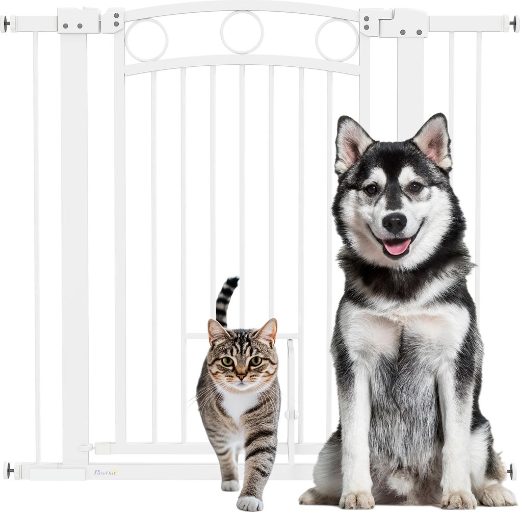 PawHut Poartă pentru animale de companie, 96 cm poartă pentru trepte, lățime reglabilă 76-104 cm, cu ușă pentru pisici, pentru scări și deschideri de uși, alb | Aosom Romania