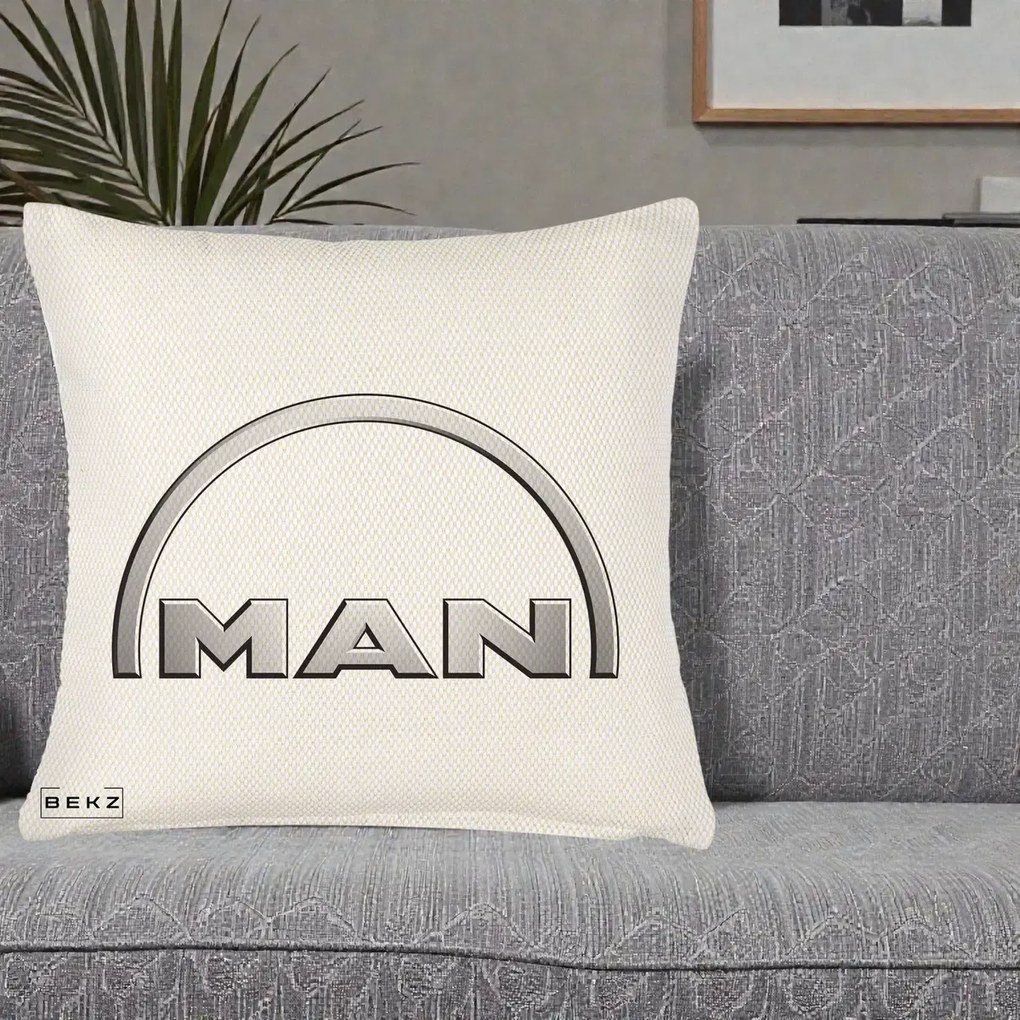 Perna Personalizata cu emblema MAN, 40x40 cm, Crem Reliefat, Husa Detasabila, Perna Inclusa, BEKZ®
