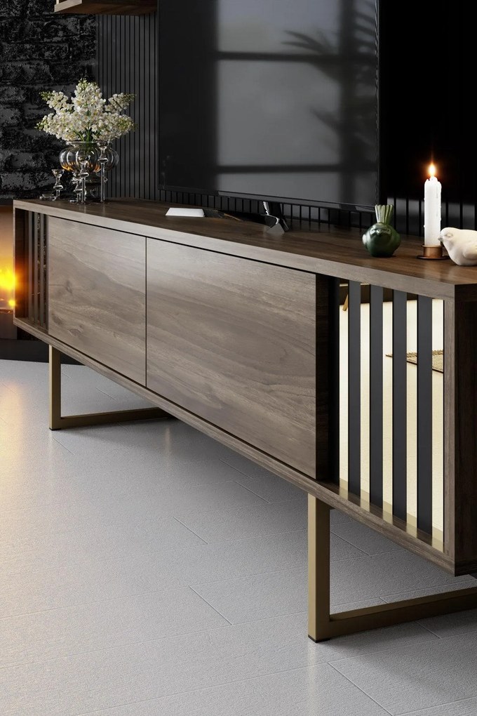 COMODA TV Lux Gold Line Tv Stand Stylish, Alb - Nuc - Gri, 180 x 48 x 30 cm
